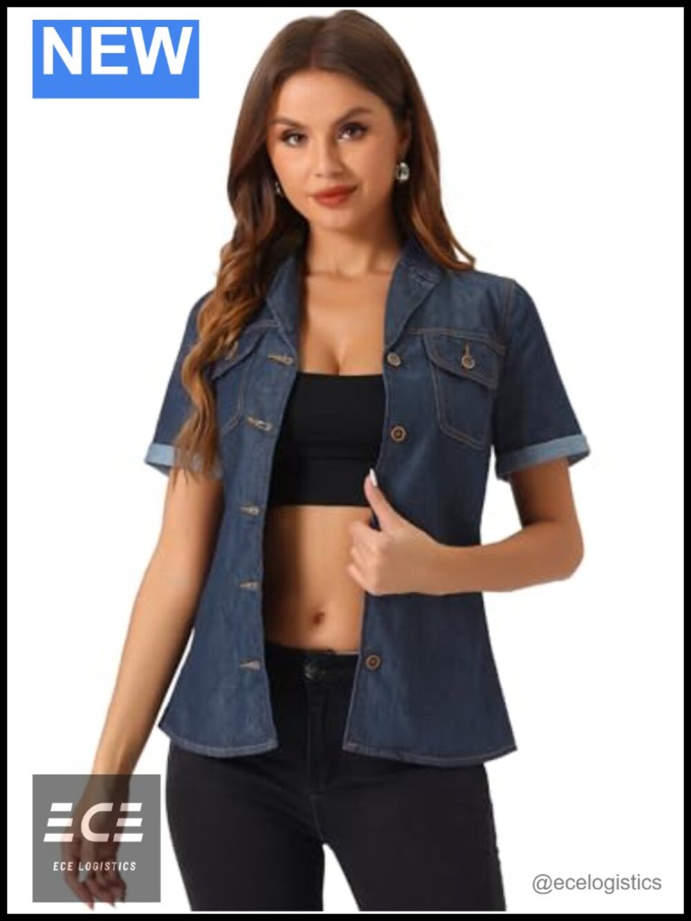 Women's Lightweight Denim Button Down Shirt Short Sleeve Casual